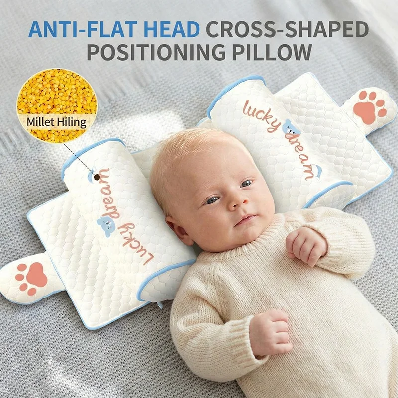 Customized Head Shape Pillow for Infant 0-12 Months Adjustable Width Breathable Cotton with Natural Millet Filling for Baby
